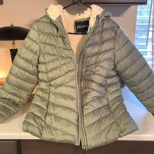 Light olive green jacket. Warm and cozy with hood. Brand new condition